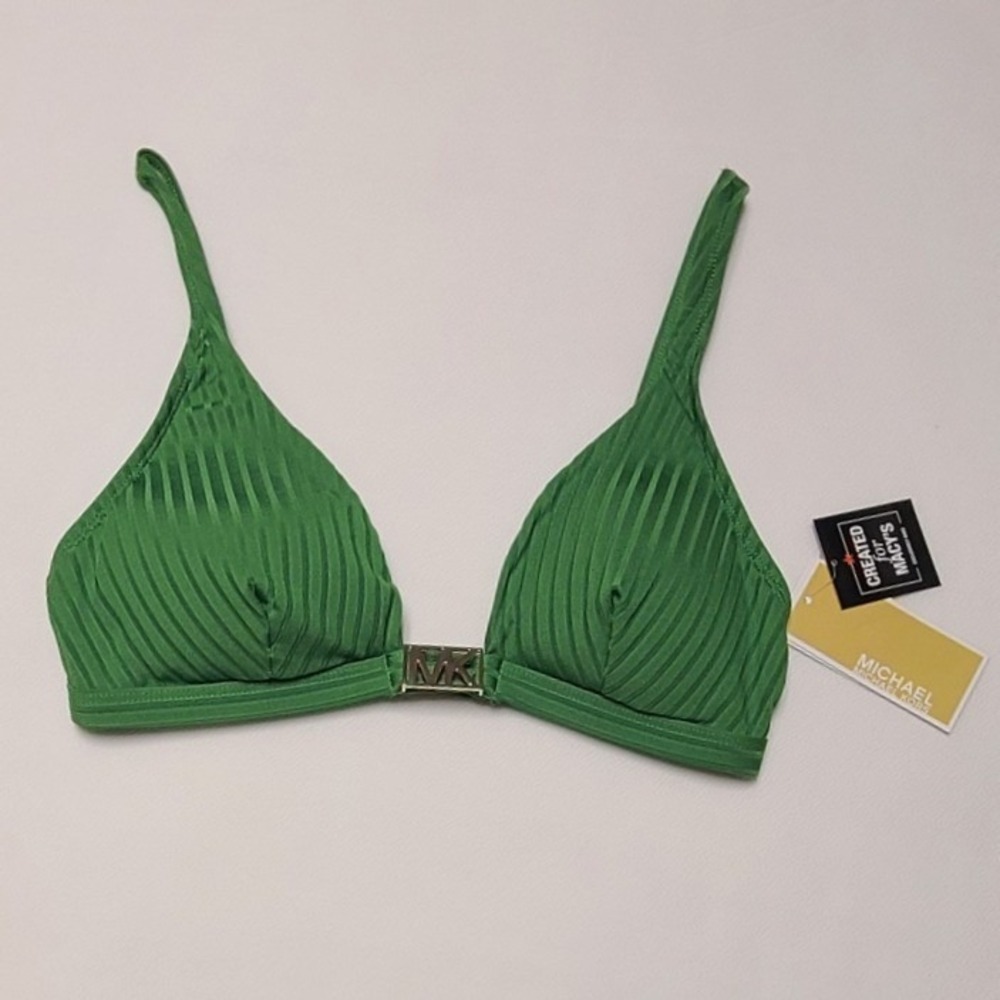 Michael Kors Green Ribbed Triangle Bikini Top Gold MK Logo XS New